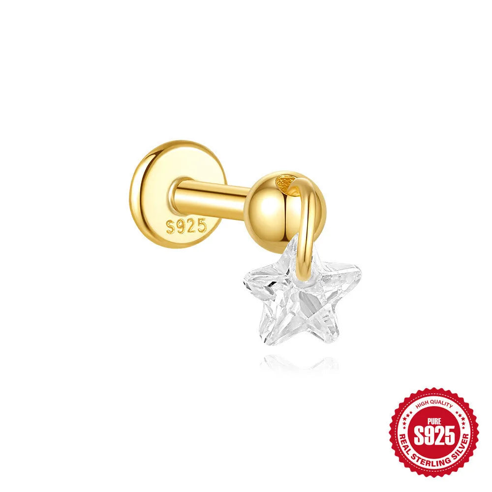 S925 sterling silver geometric moon and star earrings with embedded diamond accents in gold tone finish