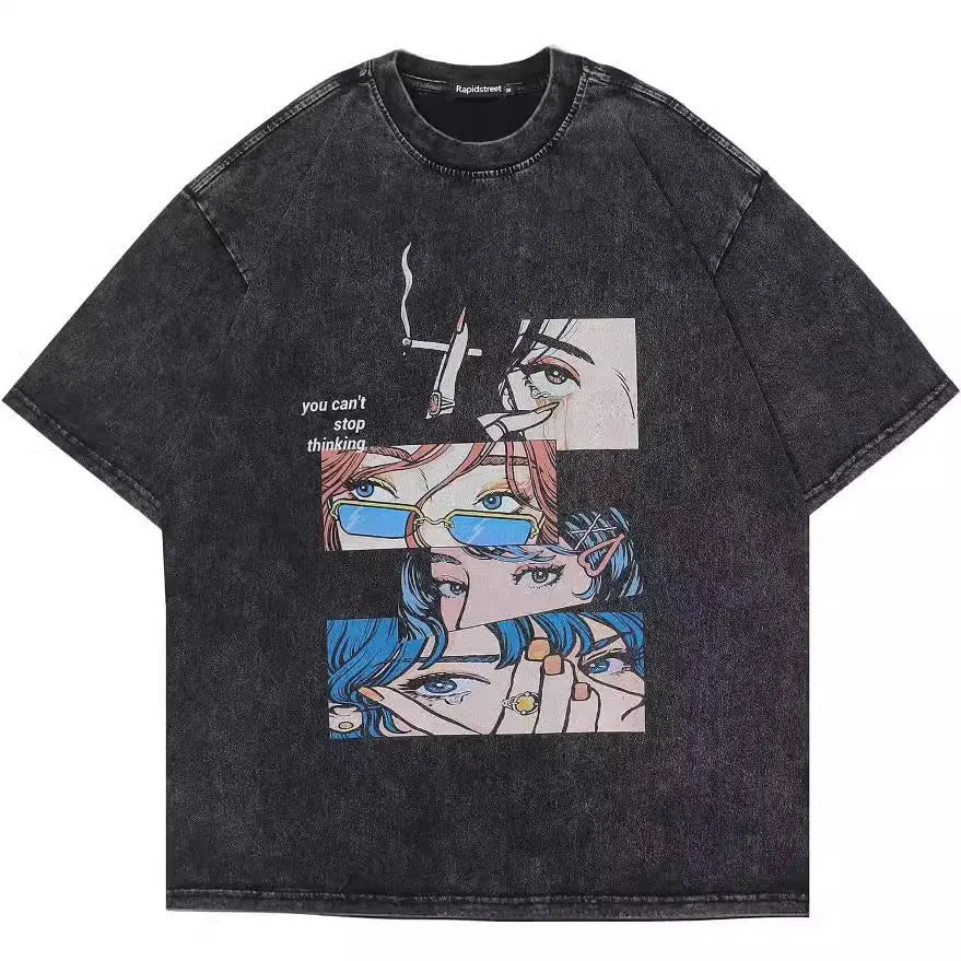 Men's loose fit black t-shirt with cartoon digital printing and short sleeves
