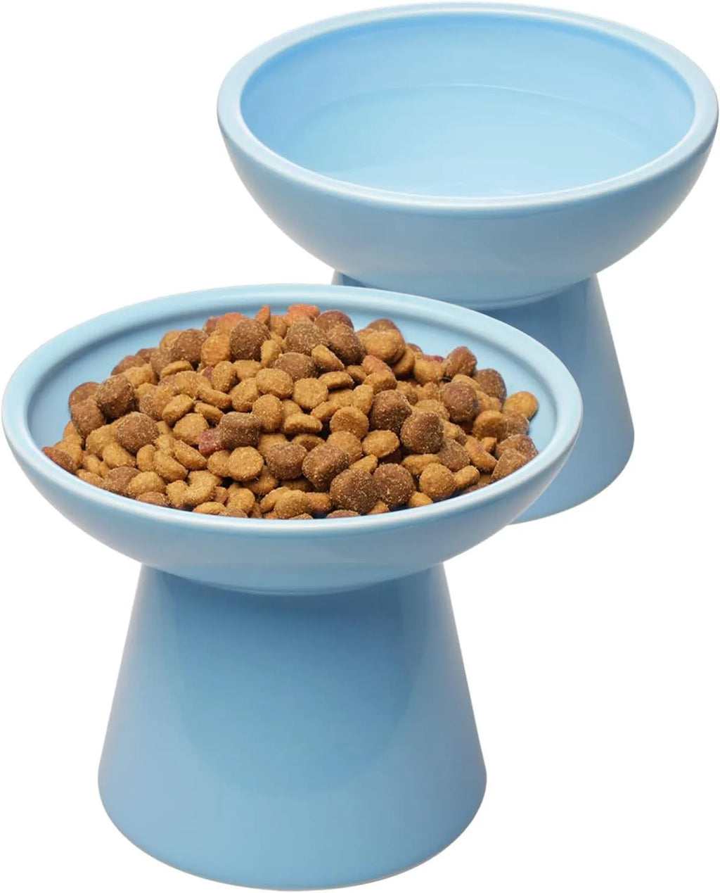 Extra wide elevated ceramic cat bowl set in blue colour showing food and water bowls