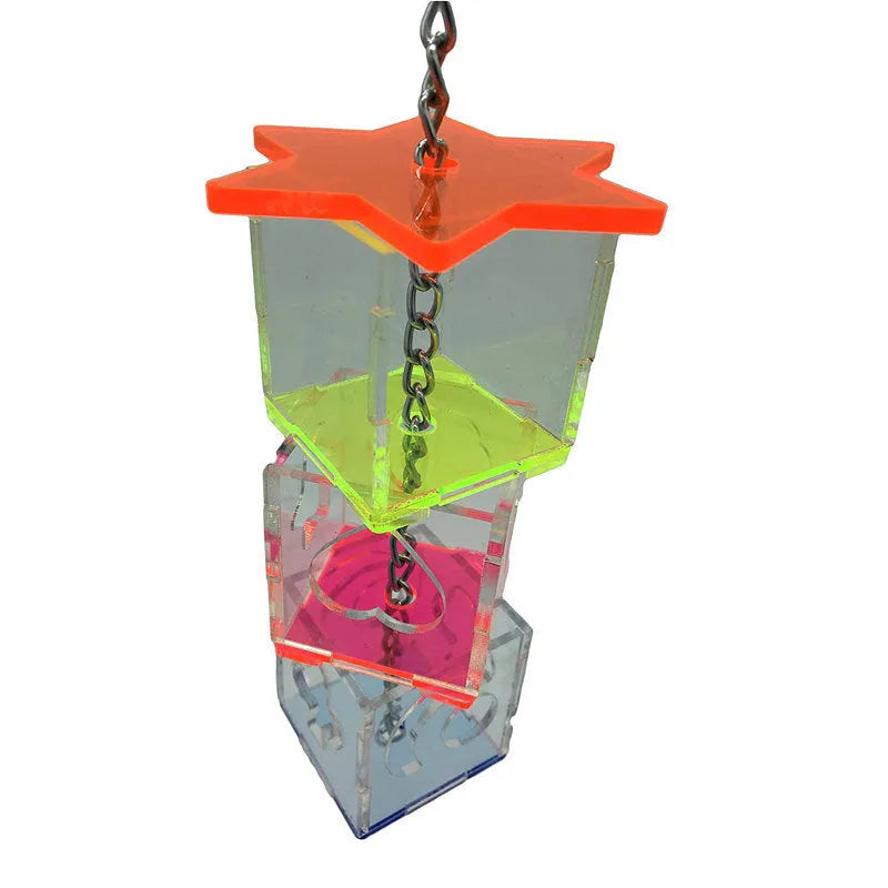 Clear acrylic parrot foraging toy, 32 cm tall food container for bird enrichment.