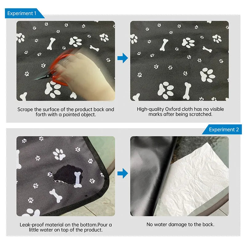 Grey cloth car pet mat with dog footprint print covering a car rear seat.