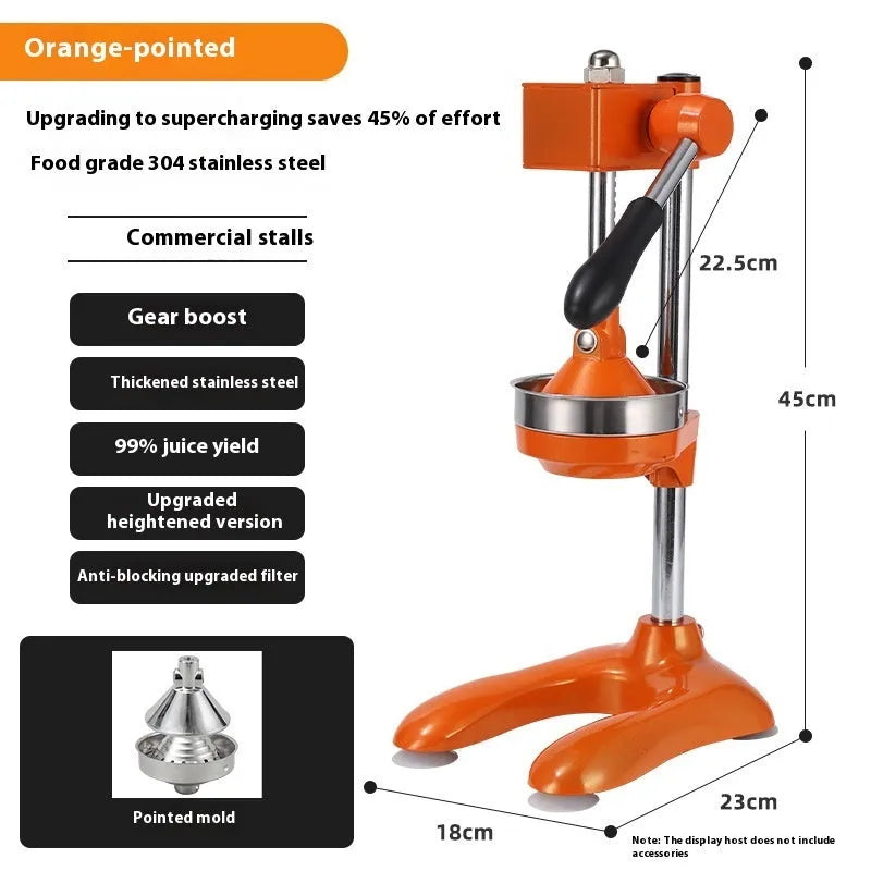 Vertical stainless steel manual kitchen juicer with multiple colour and tip configuration options