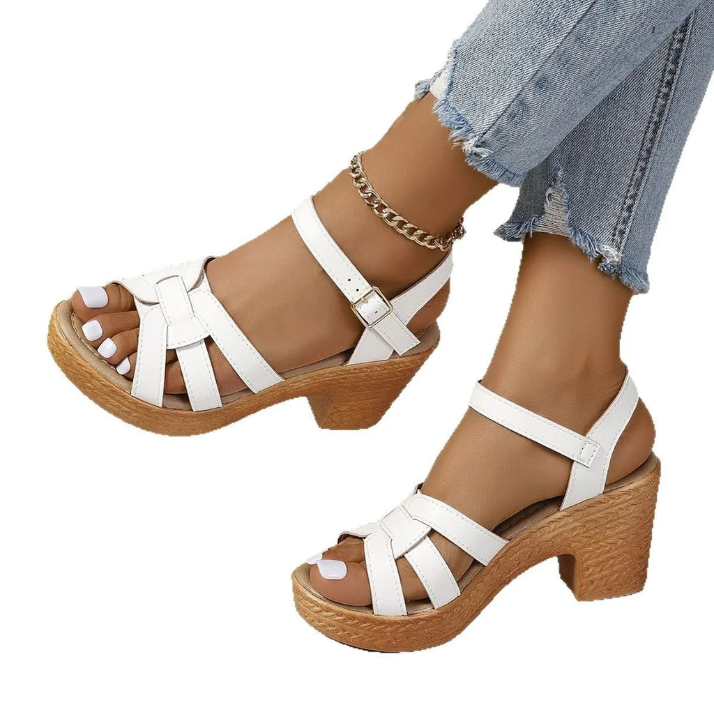 Plus size black Roman women's peep toe sandals with chunky heel and ankle buckle.