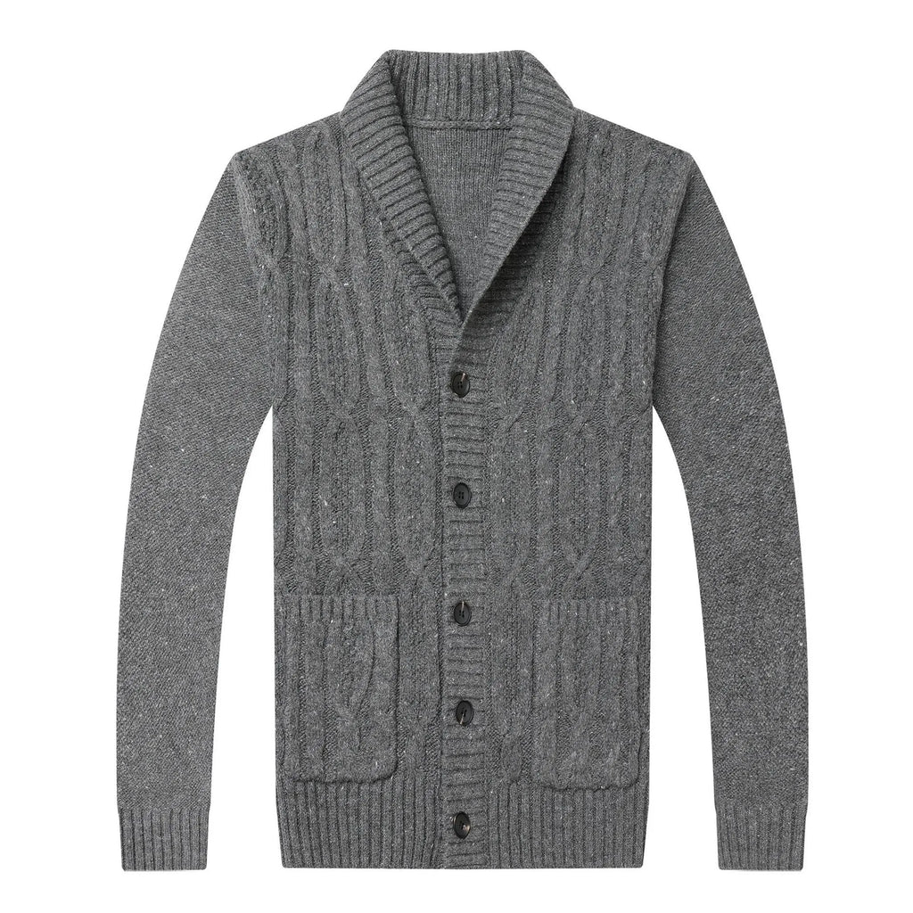 Man wearing a dark grey jacquard knit cardigan jacket with a straight cut and open front.