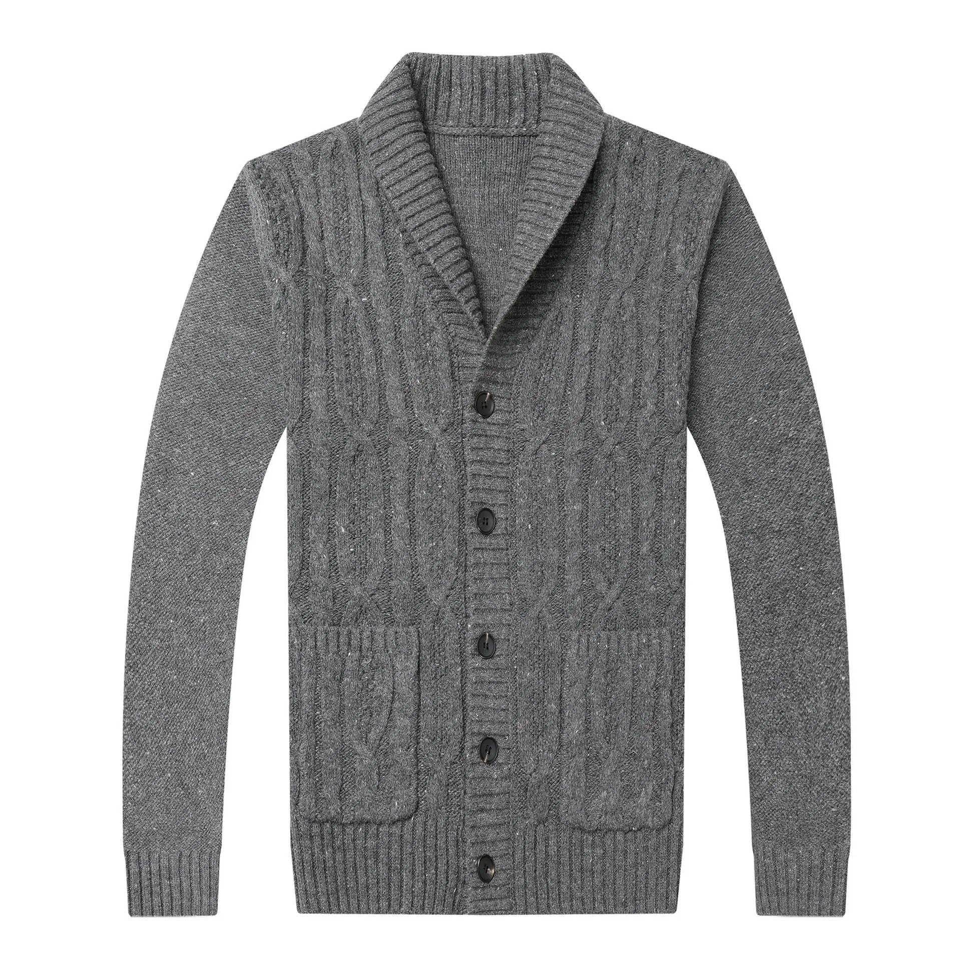 Man wearing a dark grey jacquard knit cardigan jacket with a straight cut and open front.