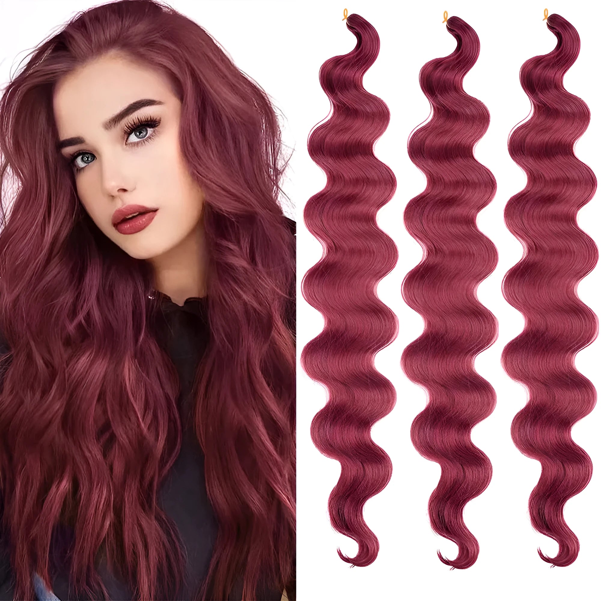 Wine red big wave crochet braided hair extensions, 24 inches long, on a wig stand.