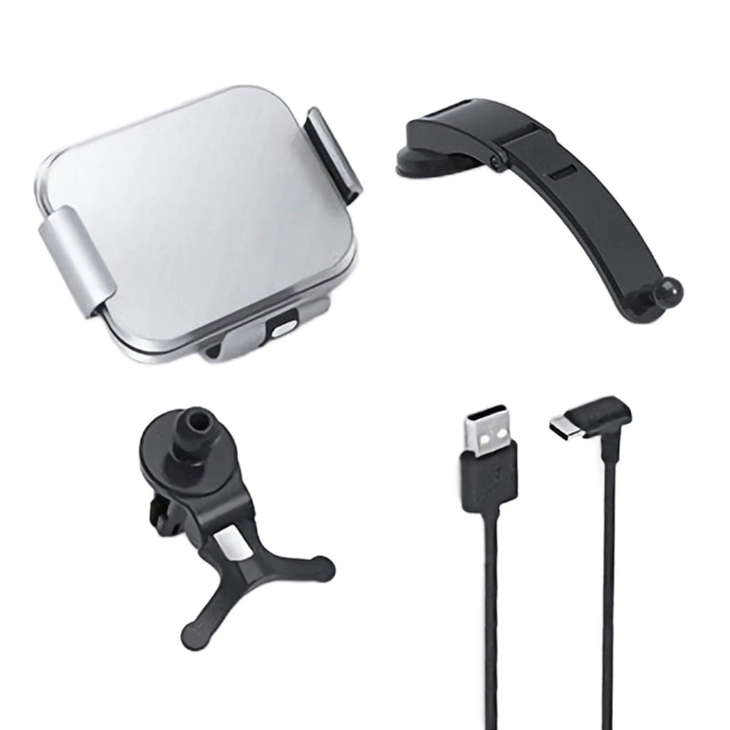 Grey wireless charging car phone holder with folding screen, showing air-con clip and suction cup mount options.