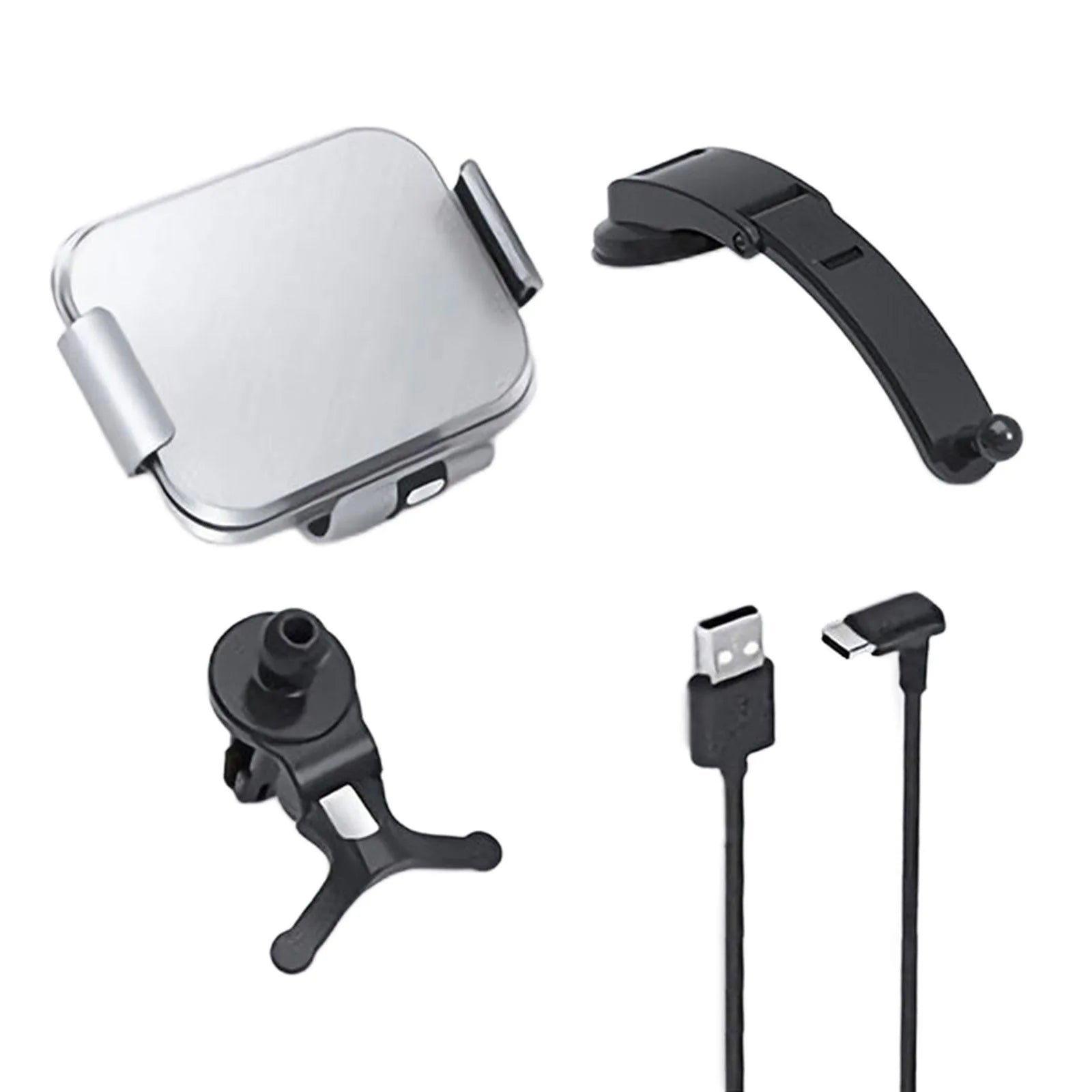 Grey wireless charging car phone holder with folding screen, showing air-con clip and suction cup mount options.