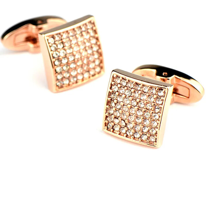 Rose gold star diamond cufflinks with brass base and electroplated finish, unisex French cuff pair in black or white diamond