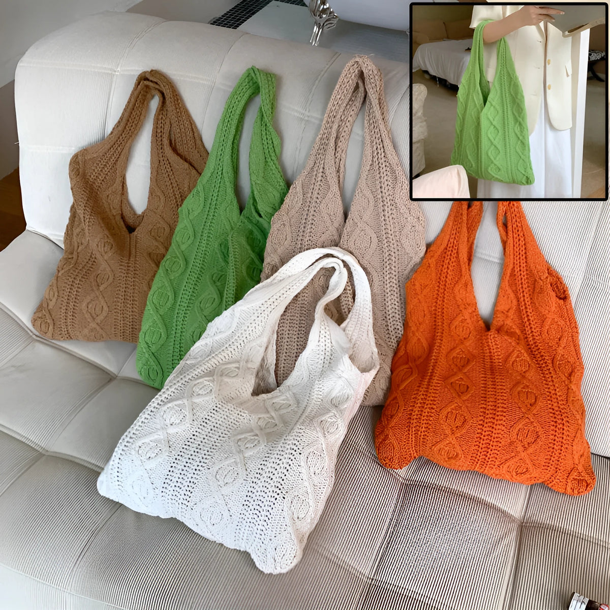Retro hollow knitted wool yarn shoulder tote bag in solid colour with double straps