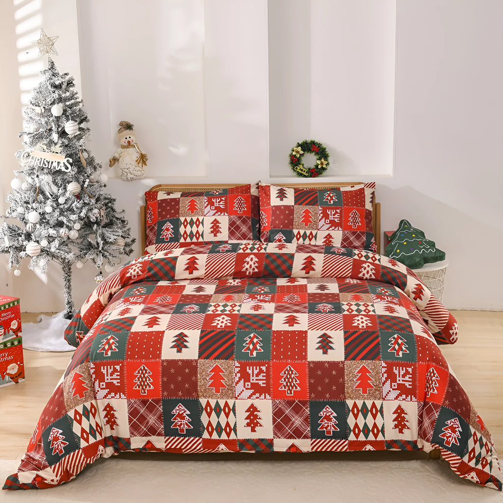 Red plaid Christmas bedding three-piece set showing duvet cover and pillowcases