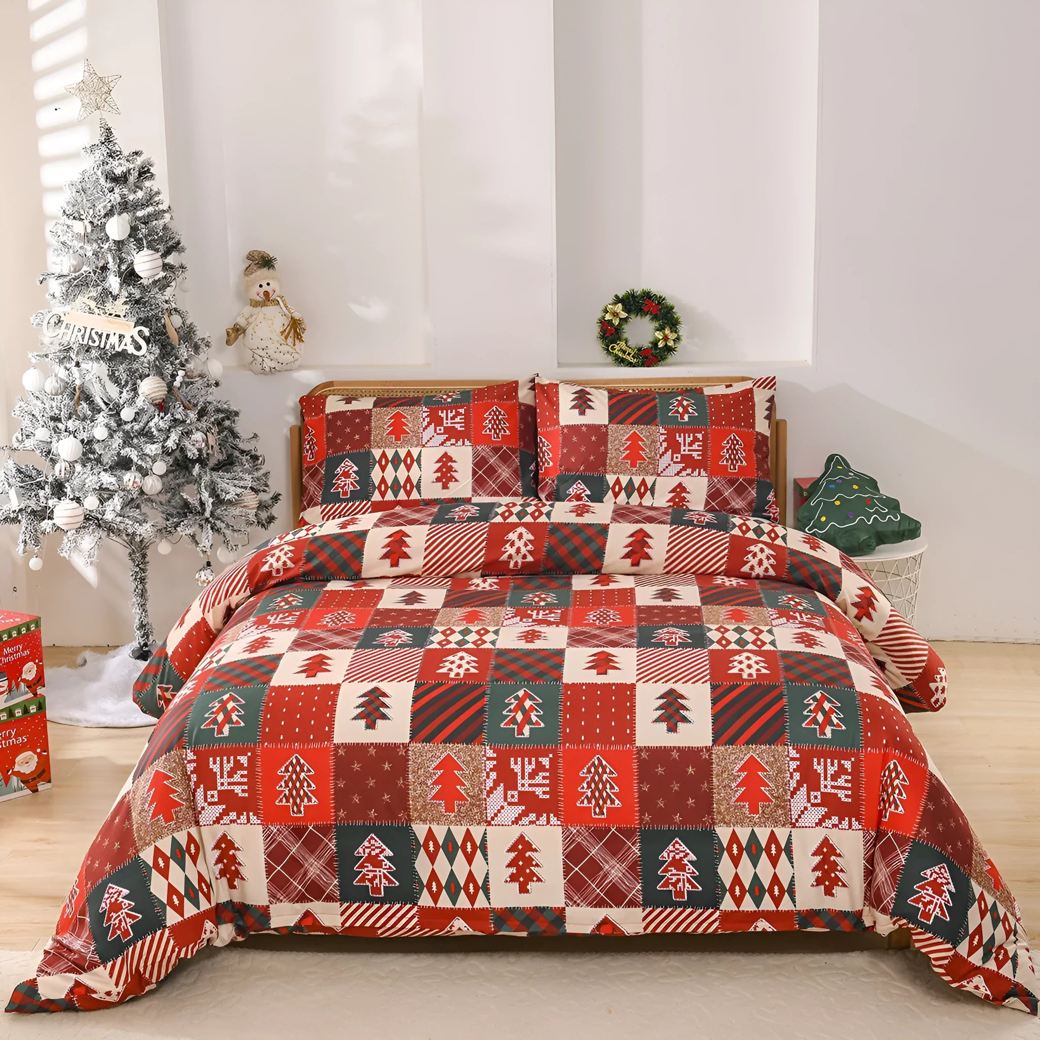 Red plaid Christmas bedding three-piece set showing duvet cover and pillowcases