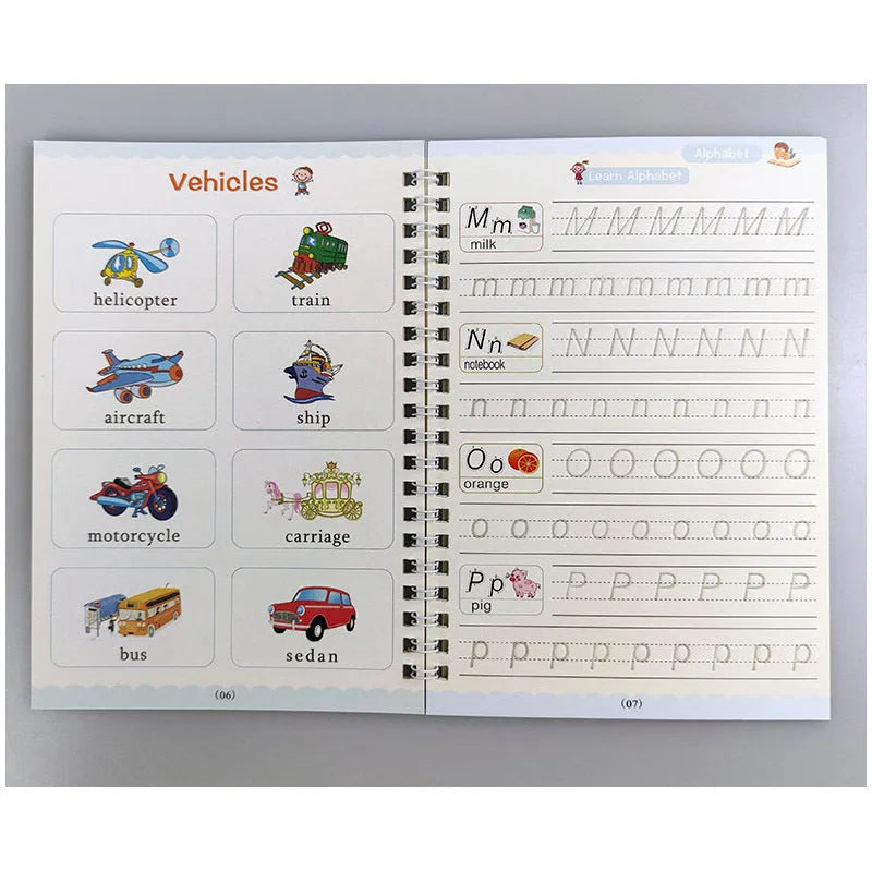 Magic stylus calligraphy copybook set for children with four practice books and pen.