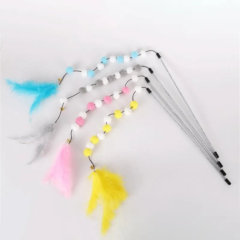 31cm long cat teaser toy rod with bell and colourful pompon feather attachments