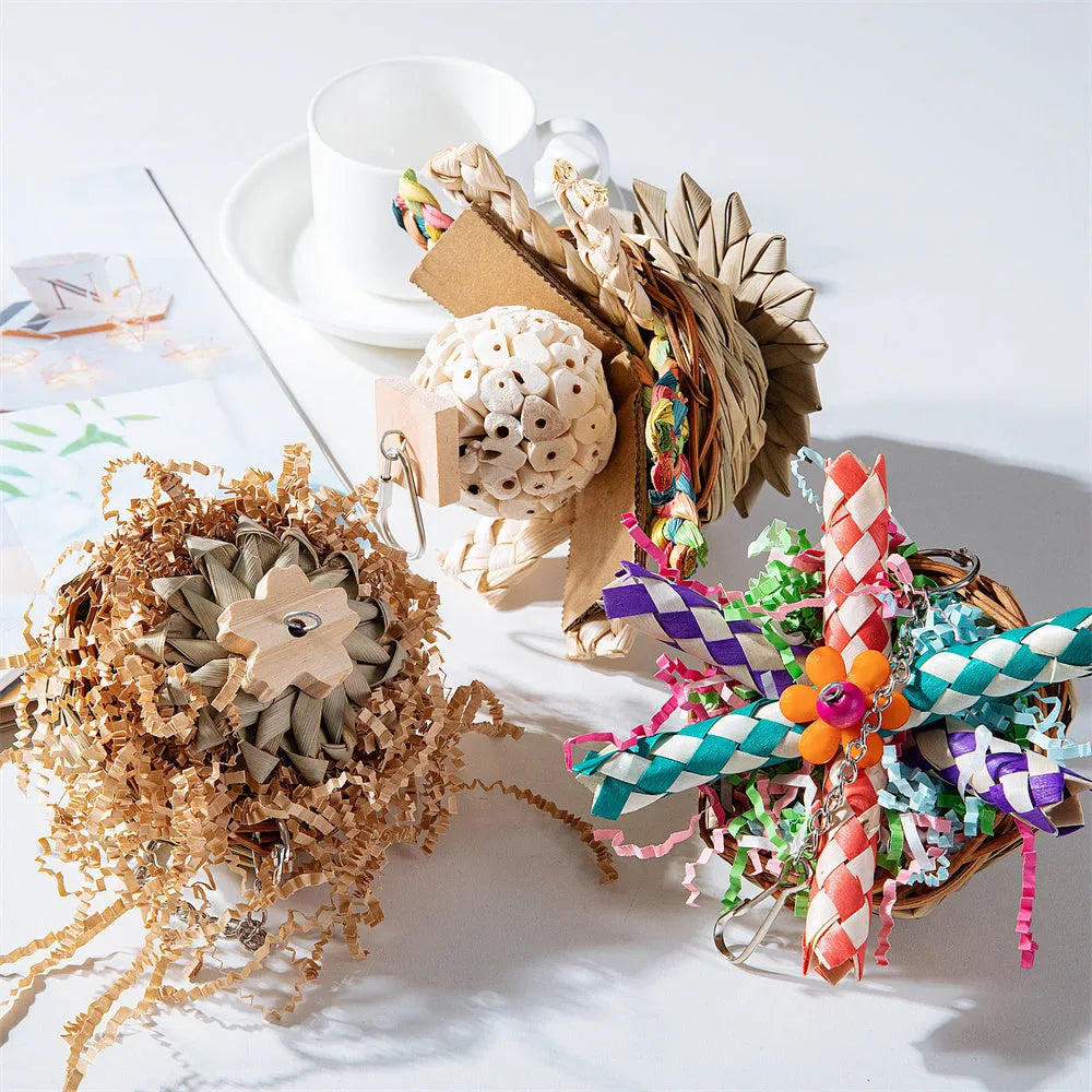 Three different parrot gnawing toys in set for chewing enrichment and beak exercise