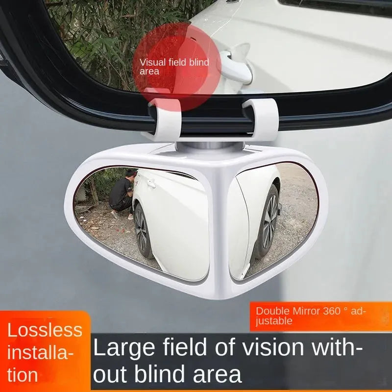 Black adjustable wide-angle car auxiliary mirror showing 360-degree rotation mechanism.