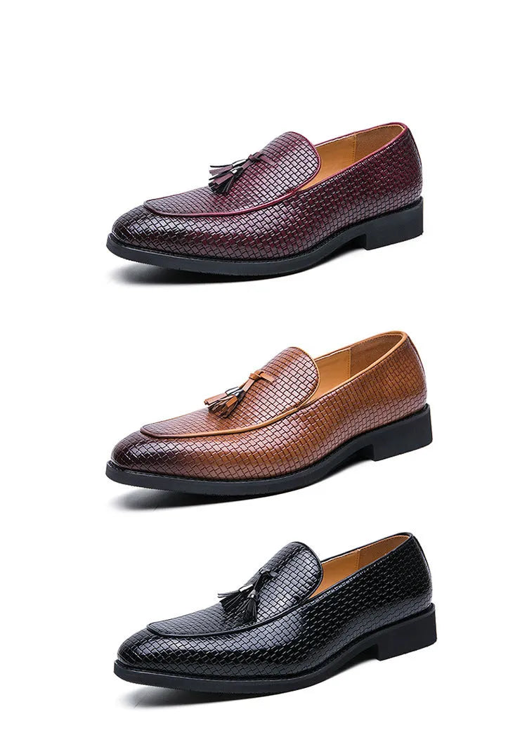 Men's black pointed toe slip-on business shoes with tassel detail
