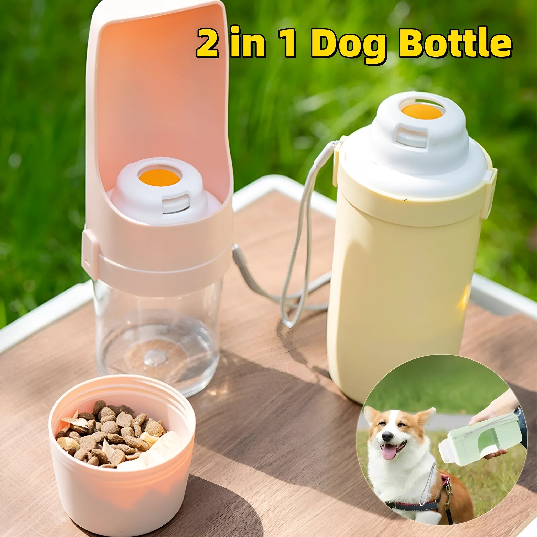 Green 2-in-1 travel dog water bottle and food container with attached lanyard, shown folded.