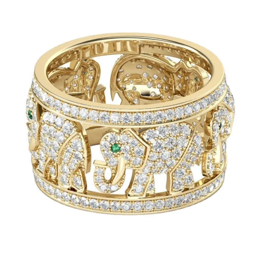 Elephant design ring with full diamond decoration and electroplated alloy construction