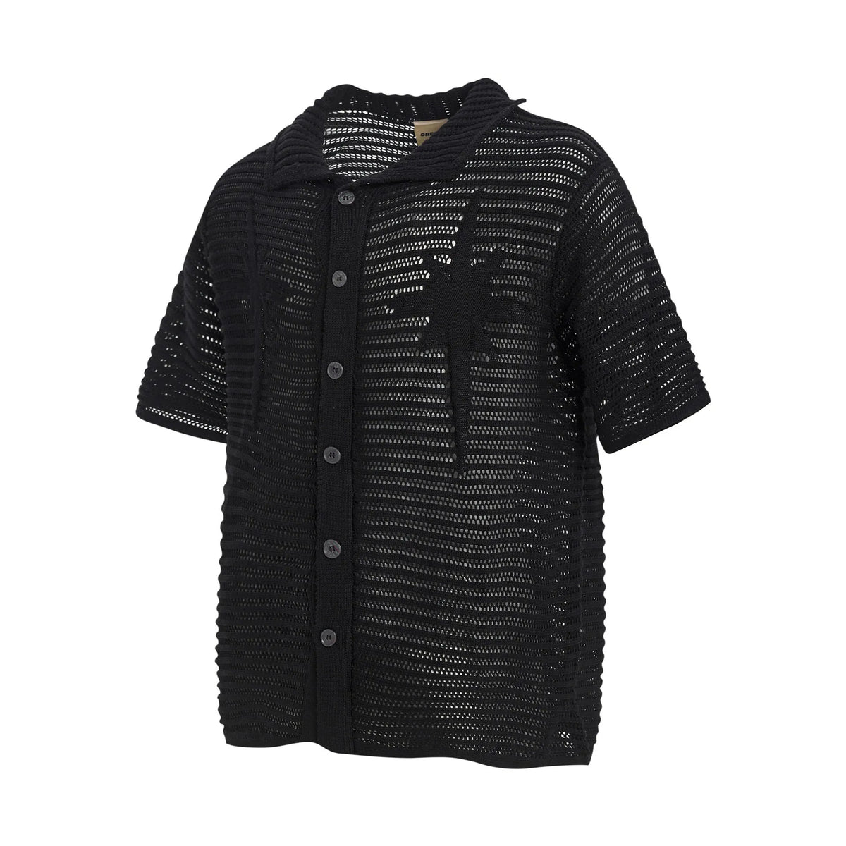 Man wearing a loose-fit apricot retro cotton short sleeve casual shirt.