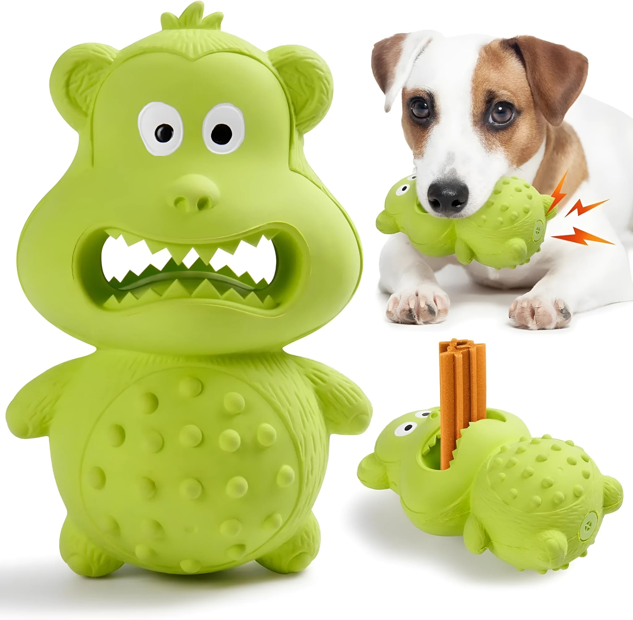 Green and yellow natural rubber squeaky dog toy for aggressive chewing dogs.