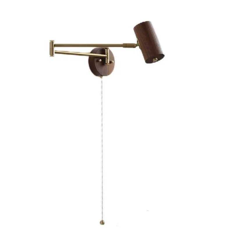 Retro-style wooden and iron wall lamp with a long, rotating arm and integrated switch.