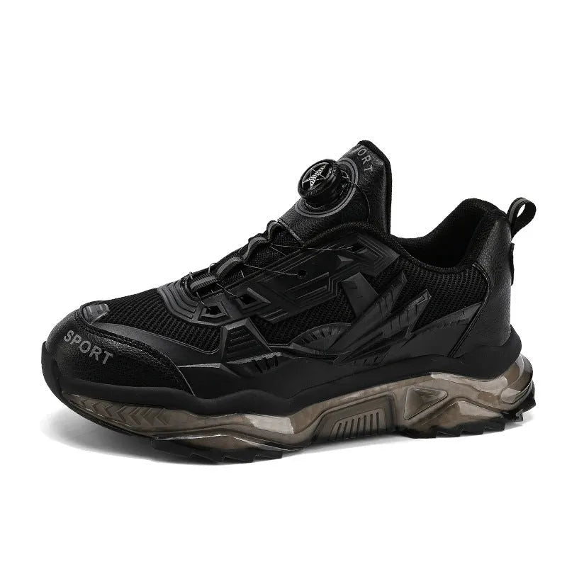 Men's black rotating button casual sneakers with mesh upper and low platform sole.
