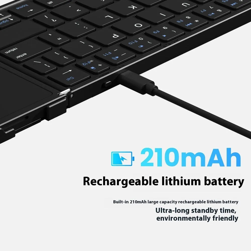 Black folding Bluetooth keyboard with touchpad for mobile phones and tablets