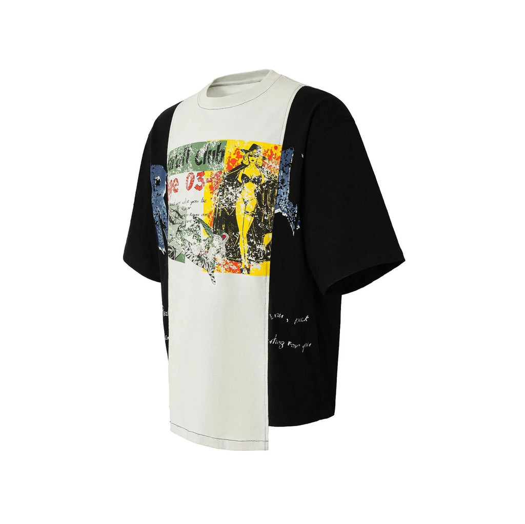 Black and white deconstruction print cotton blend loose T-shirt on a hanger.