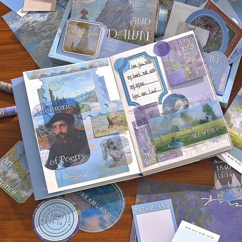 A6 grid creative journal gift box with notebook, bookclothes, decorative papers, cards, and photo frames.