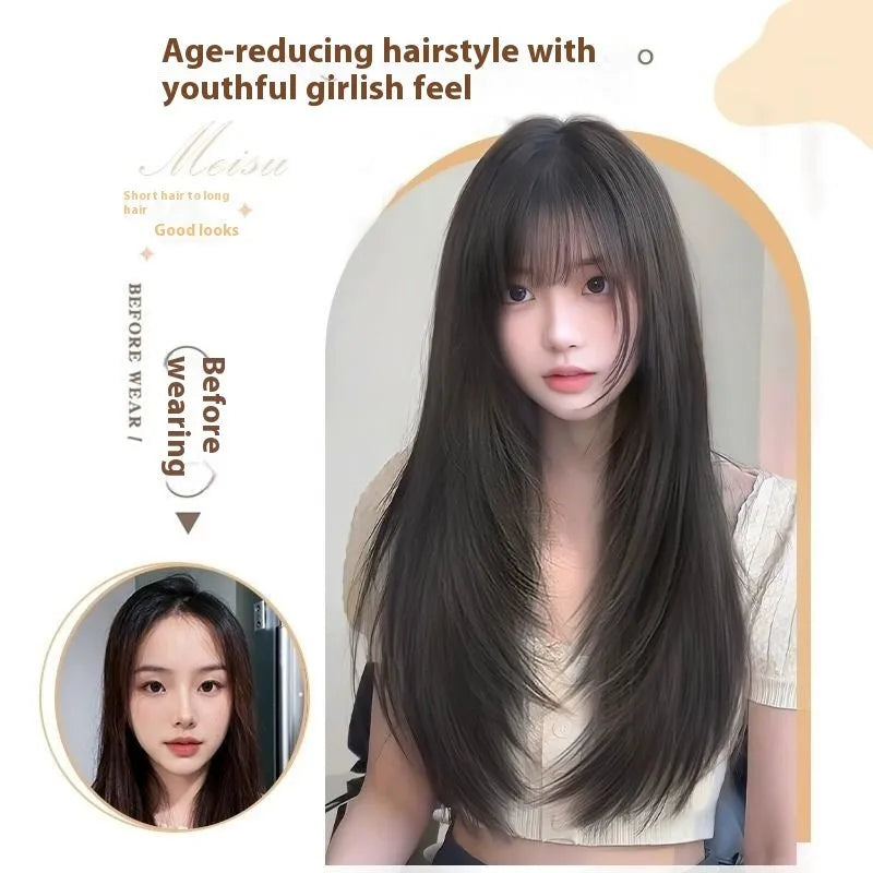 Black long straight high layered full-head wig for women made from high-temperature fibre