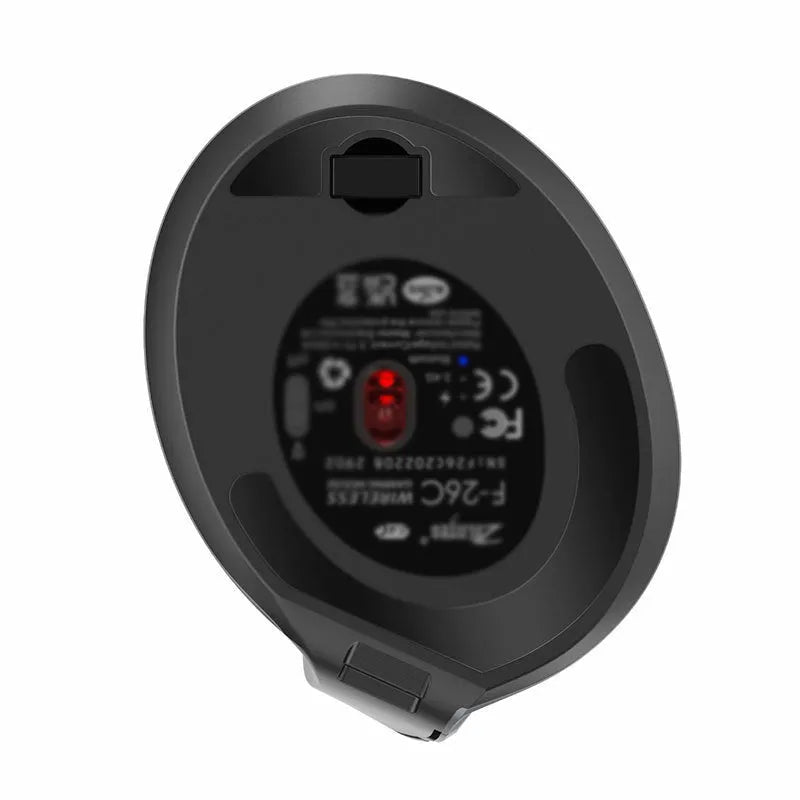 Grey handheld Bluetooth vertical mouse showing ergonomic grip design