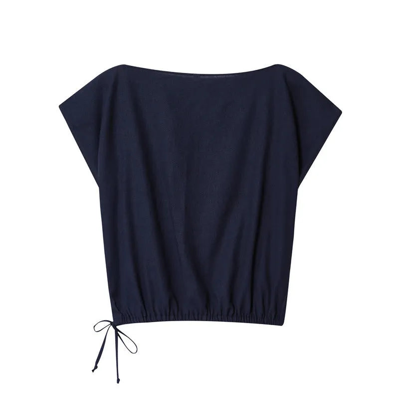 Women's linen-style shirt with flounced sleeves and matching wide-leg trousers in polyester blend fabric
