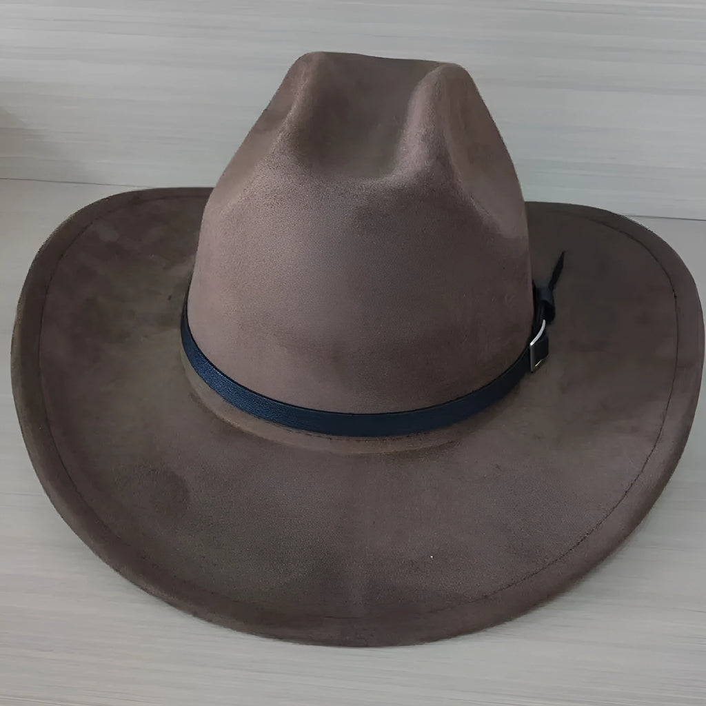 Brown leather velvet western cowboy hat with curved edge and conical crown design