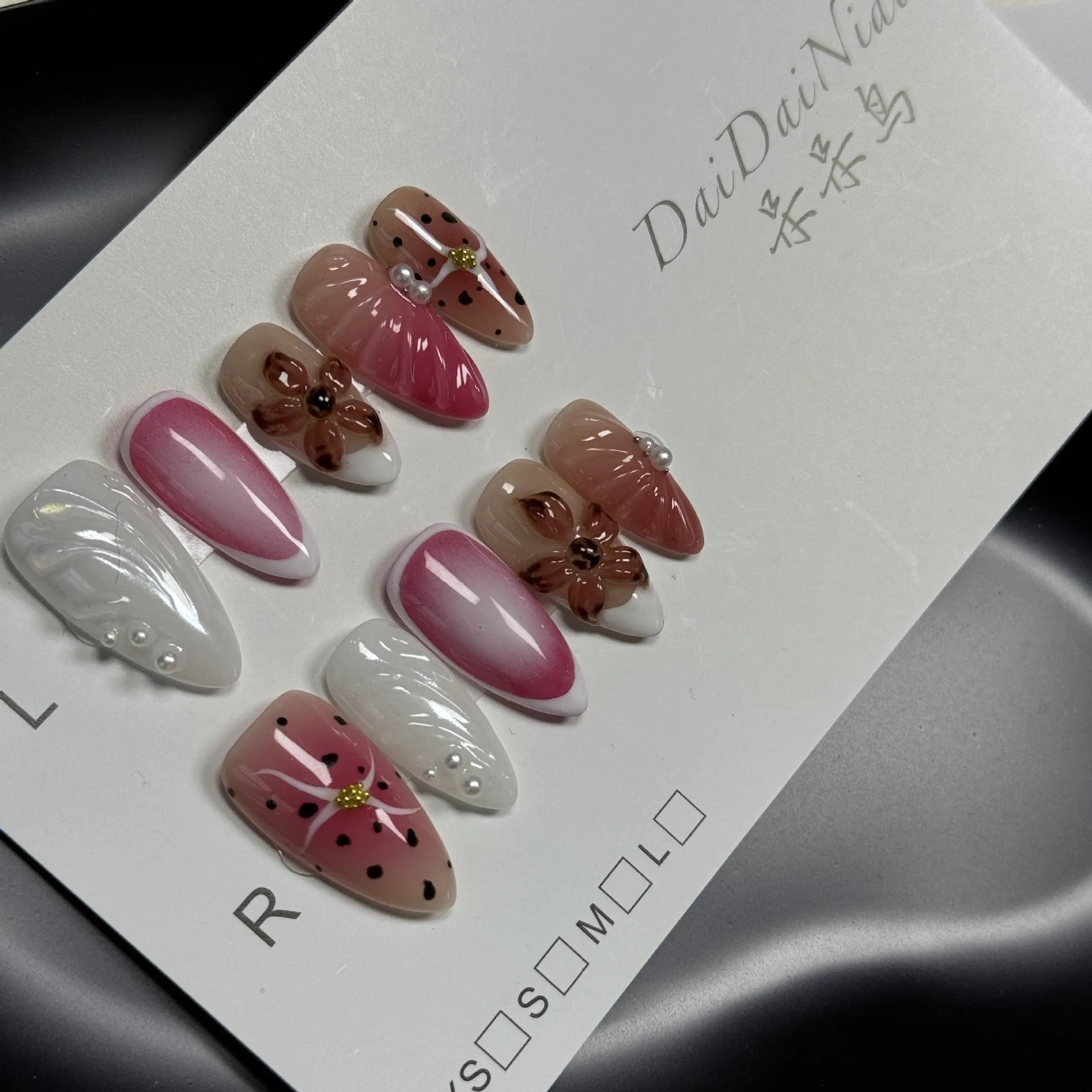 False nail beauty patches with hand-painted 3D carved candy embossed patterns in almond shape