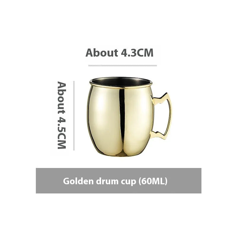 Stainless steel Moscow mule cup with copper plating in silver, gold, rose gold, or black colour.