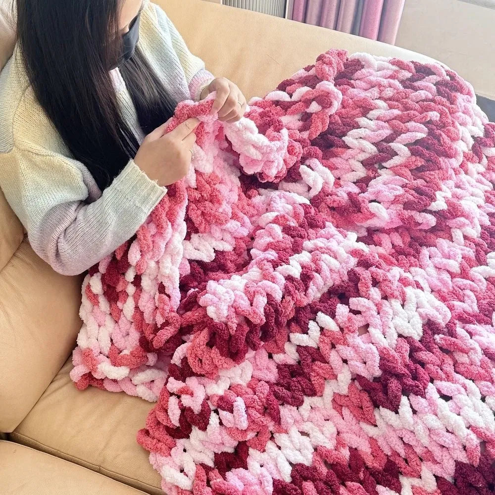 Coarse yarn chenille knitted blanket with braided gravity design in modern simplicity style