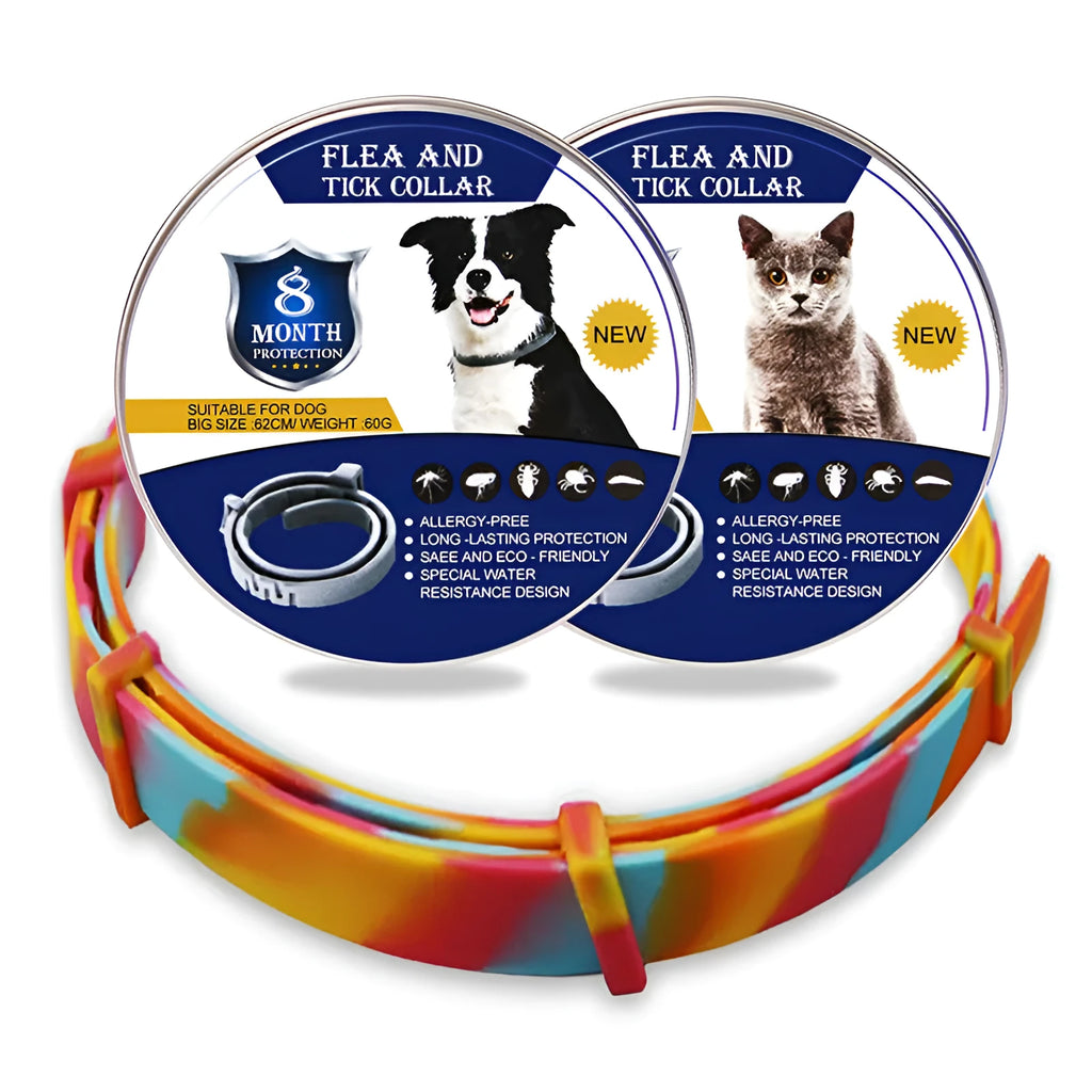 Rainbow-coloured plastic flea collar for cat or dog showing 38cm and 62cm size options