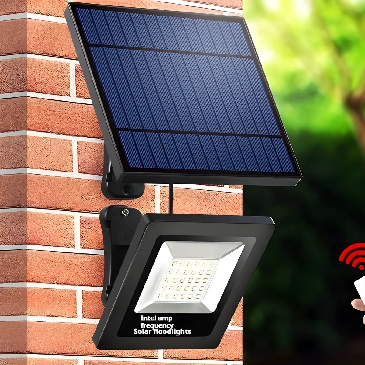 Outdoor solar LED courtyard light with waterproof IP65 rating showing three lumen options including 1200LM three-colour model