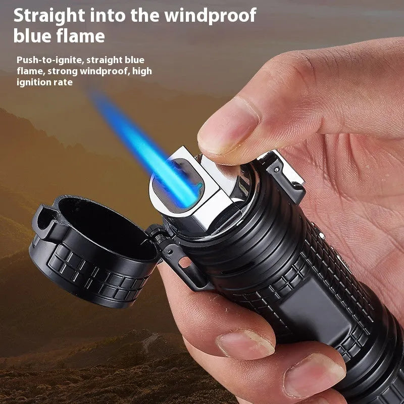 TH727 multi-functional waterproof metal torch lighter in camouflage, red, black, blue, and yellow colour options.