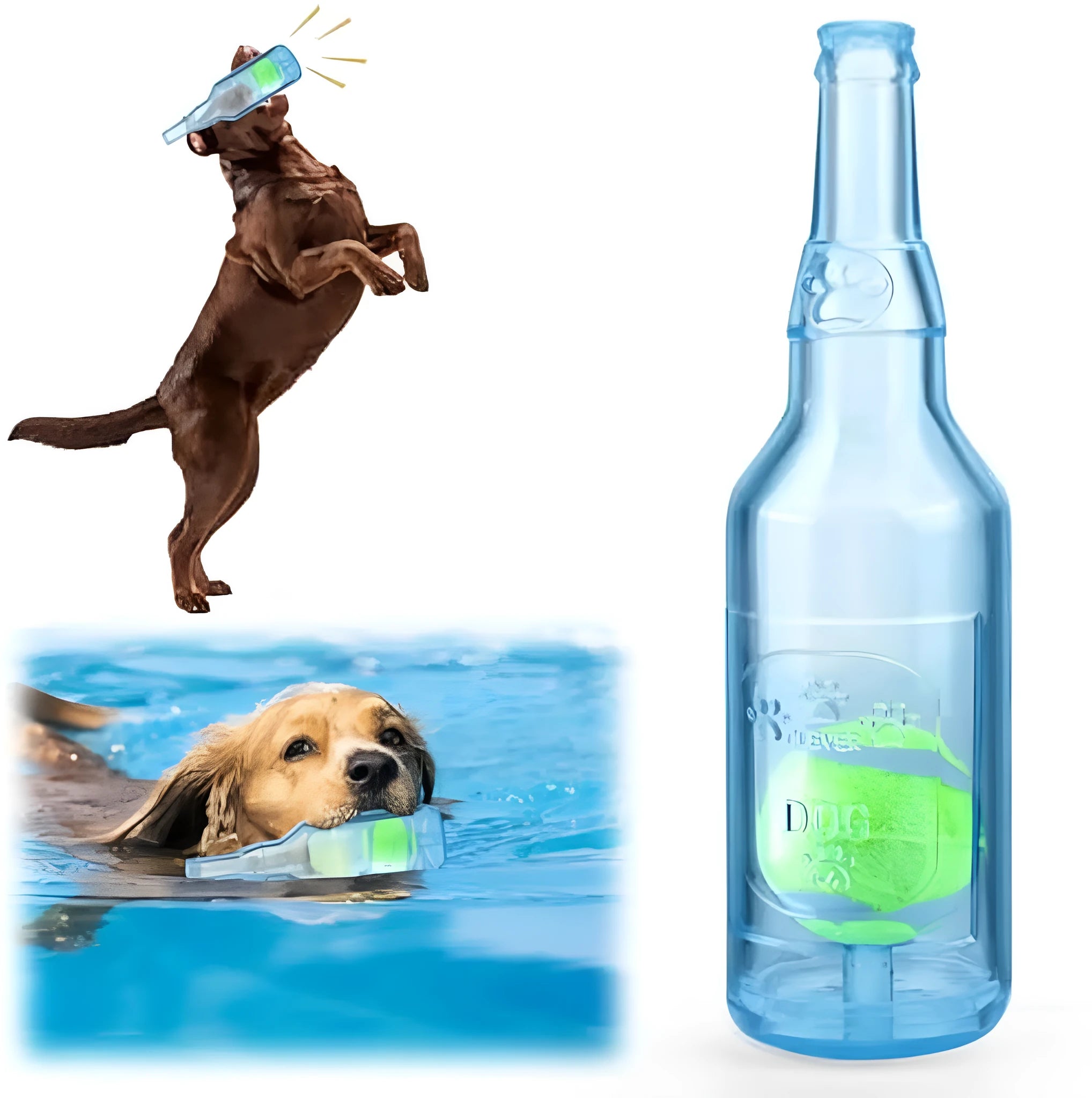 Blue green red water bottle dog chew toy with squeaker tail for aggressive chewers