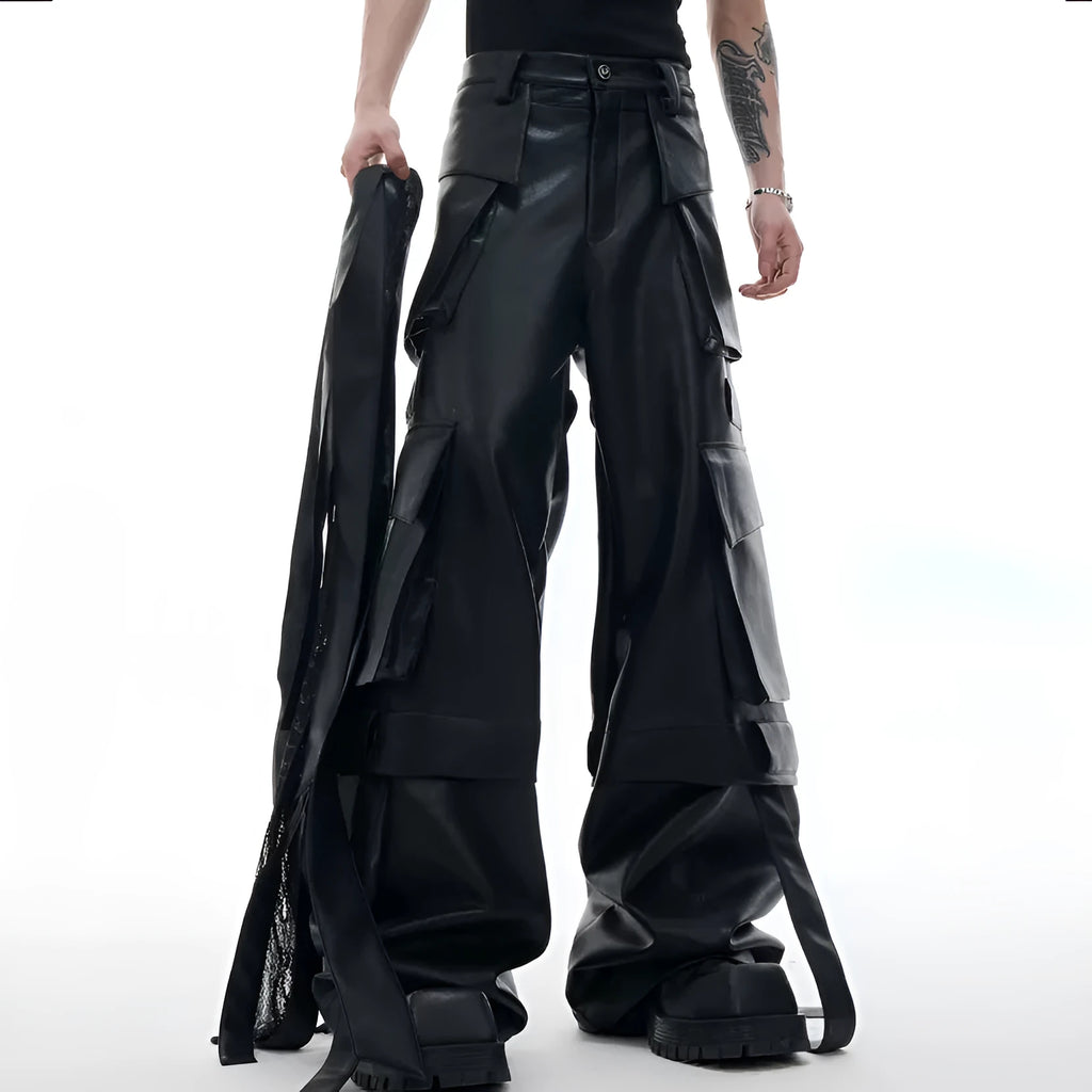 Black retro loose-fit multi-pocket trousers with quilted stitching detail, showing front and side views.