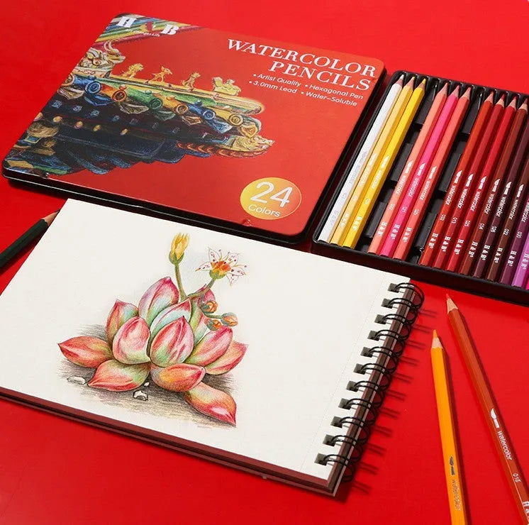 Water-soluble coloured pencils set with 24 colours in metal storage tin for drawing and watercolour techniques