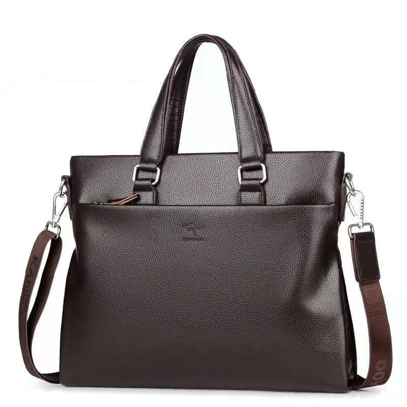 Men's black PU leather business messenger bag with spliced design shown from the side.