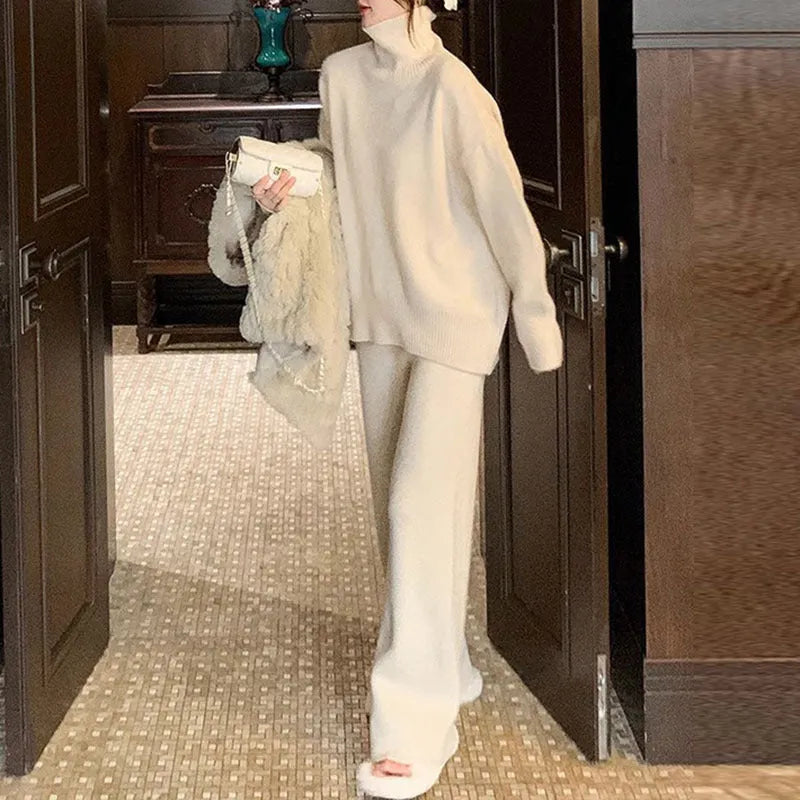 Women's beige acrylic fibre sweater and wide-leg pants two-piece casual set