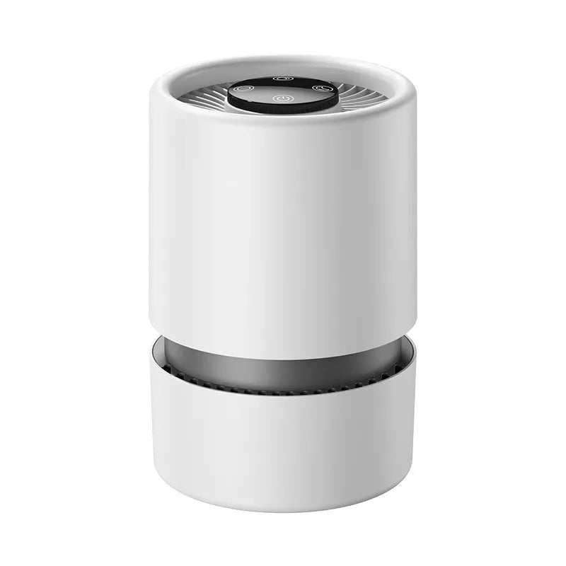 White desktop air purifier unit on table with USB cable for small room air cleaning
