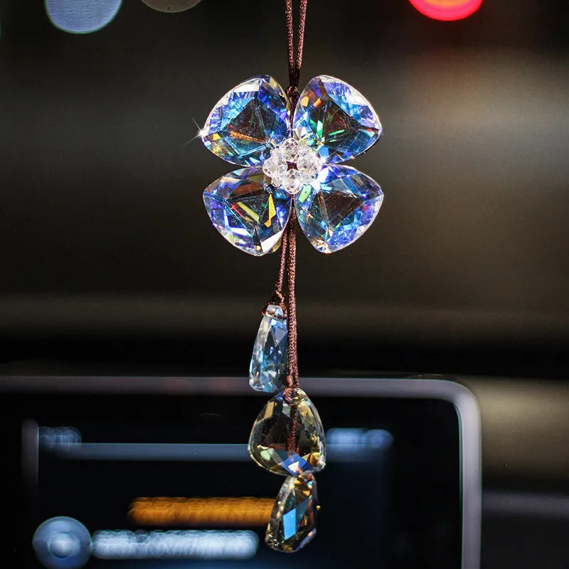 Crystal four leaf grass car pendant approximately 20cm long in transparent colour variation