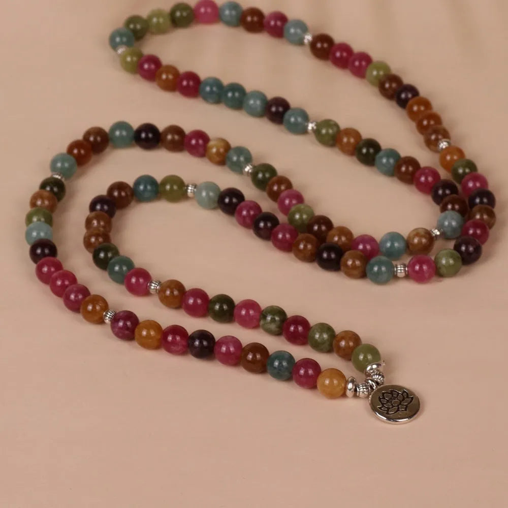 108-bead multi-layer bracelet with lotus hanging element in tourmaline colour alloy construction