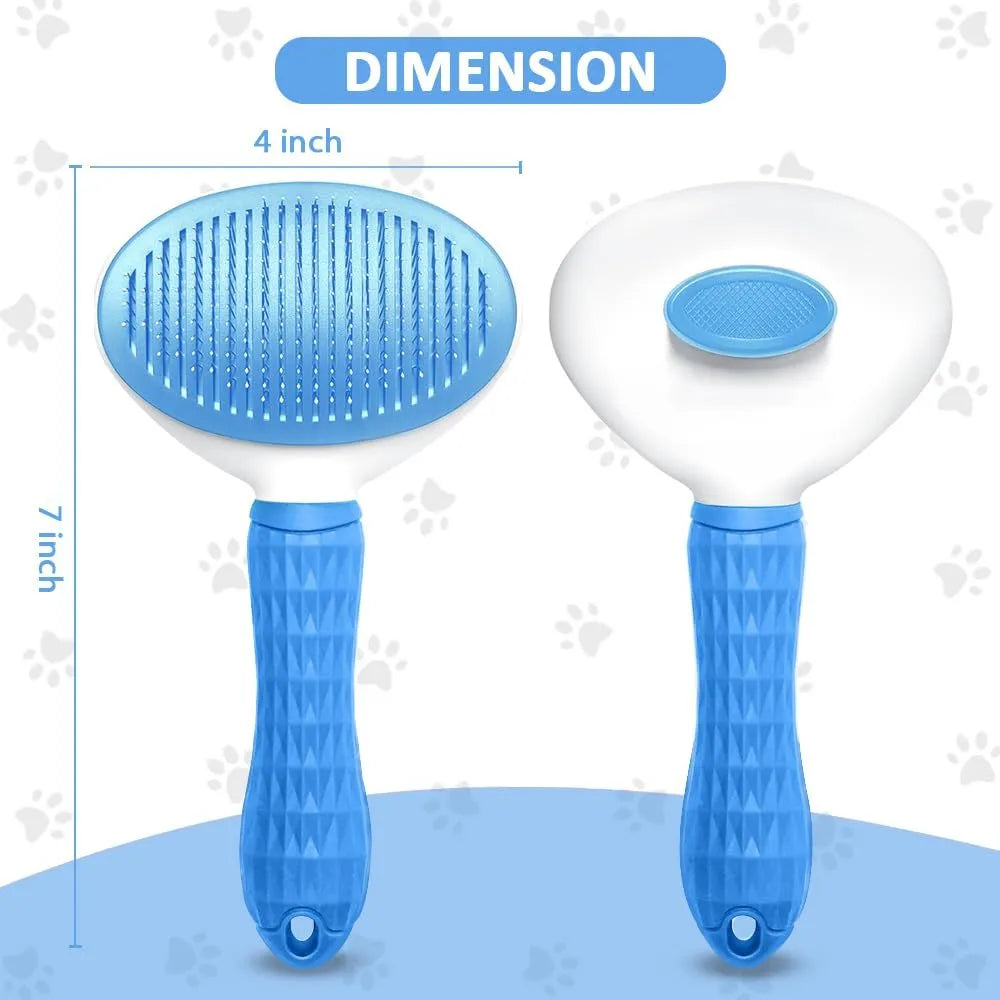 Blue, grey, and pink cat brush with a release button for pet hair removal