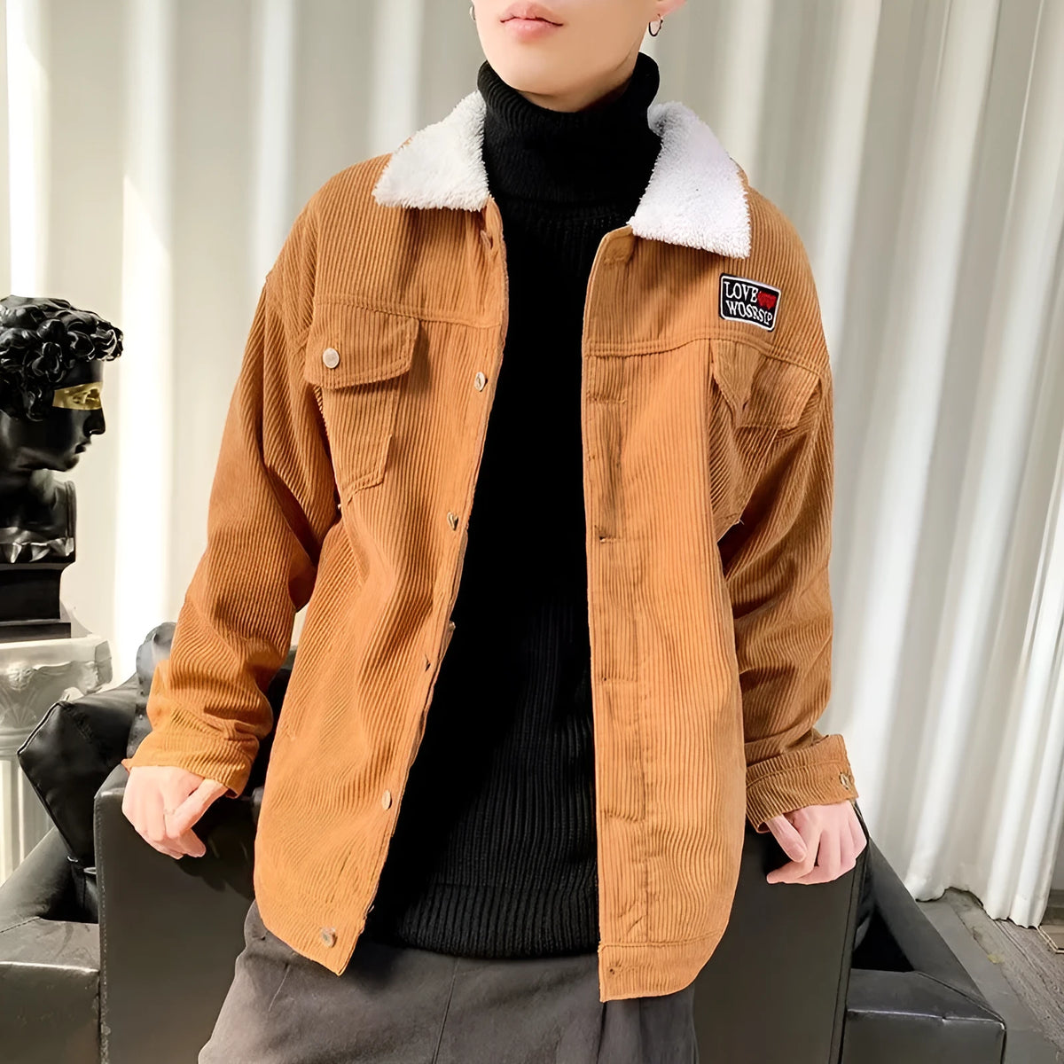 Men's loose fit corduroy workwear jacket in khaki, green, or black with sleeve pockets.